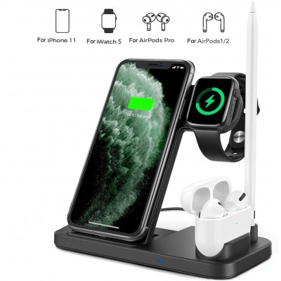 Wireless Charger 4 in 1 Qi Certified Fast Charging Station Compatible for  Apple Watch for iPhone 11 11pro X XS XR Xs